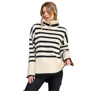 Turtleneck Cowl Neck Stripe Knit Top Black Cream LARGE & Oversized NEW